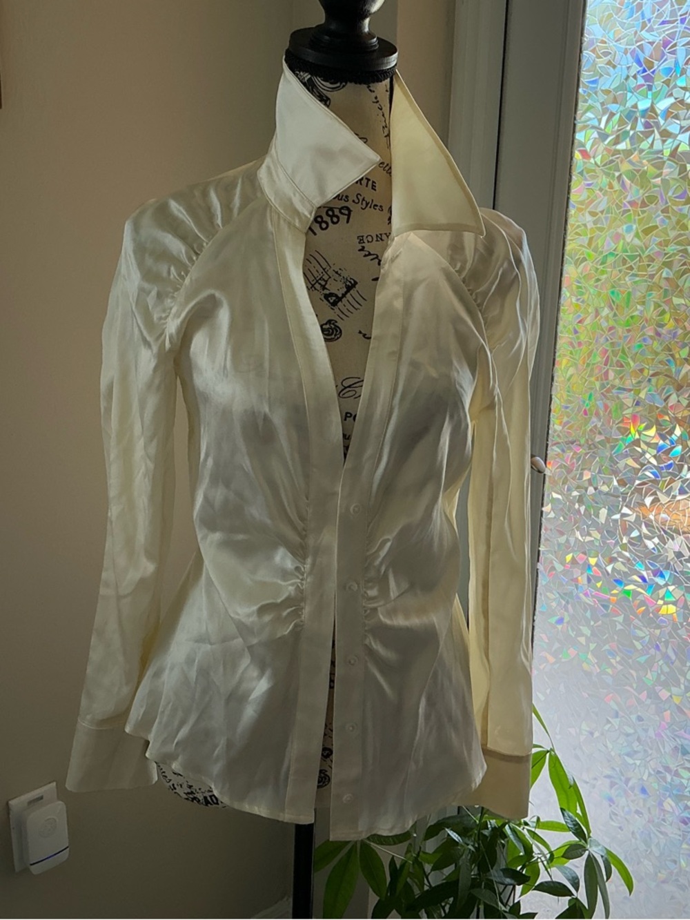 INTERMIX Ivory Satin Button-Down Blouse with Ruched Waist